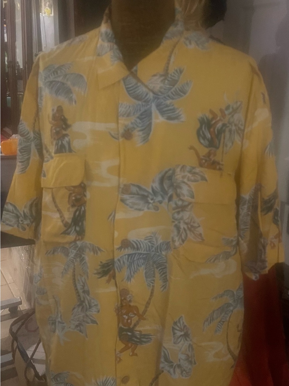 Tommy Bahama Yellow Hawaiian Shirt Jacket with Palm & Hula Motif. XL